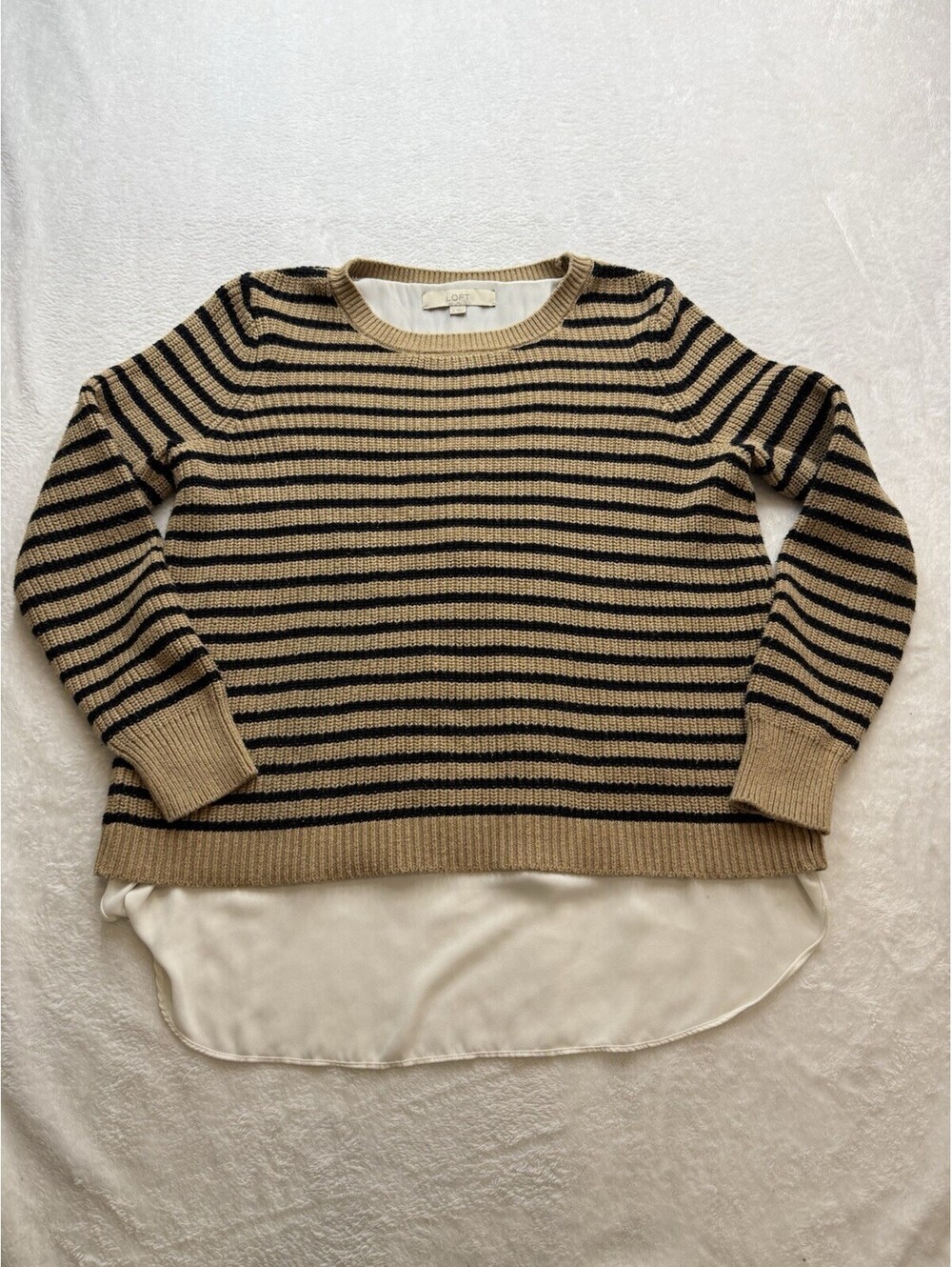 Loft Tan Black Stripe Chunky Knit Faux White Chiffon Layered Sweater Open Back M